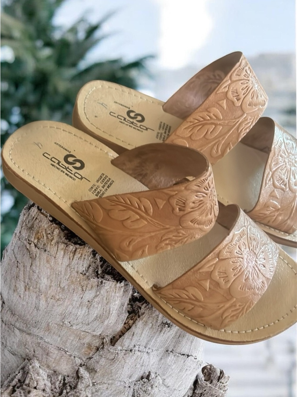 Embossed Two-Band Slide Sandal - Tan